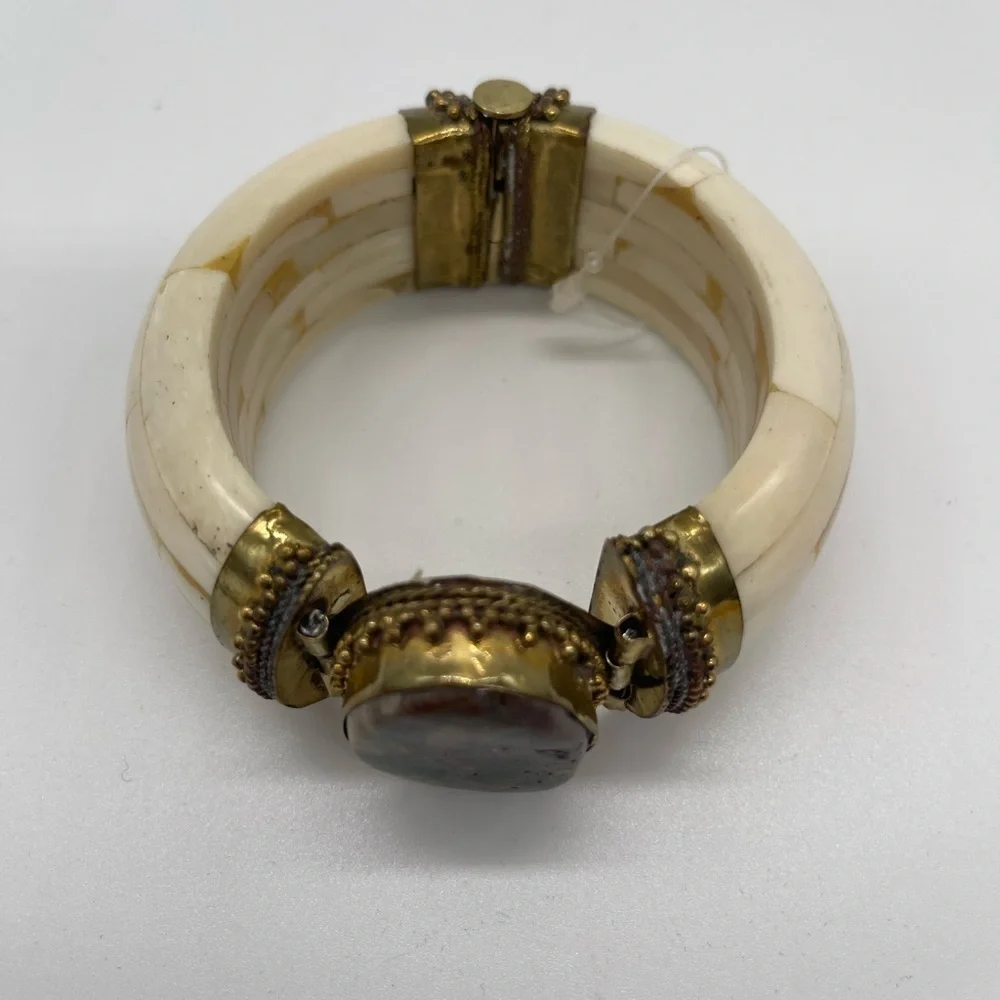 Vintage Ethnic Cuff Bracelet Wood Bone Agate Stone